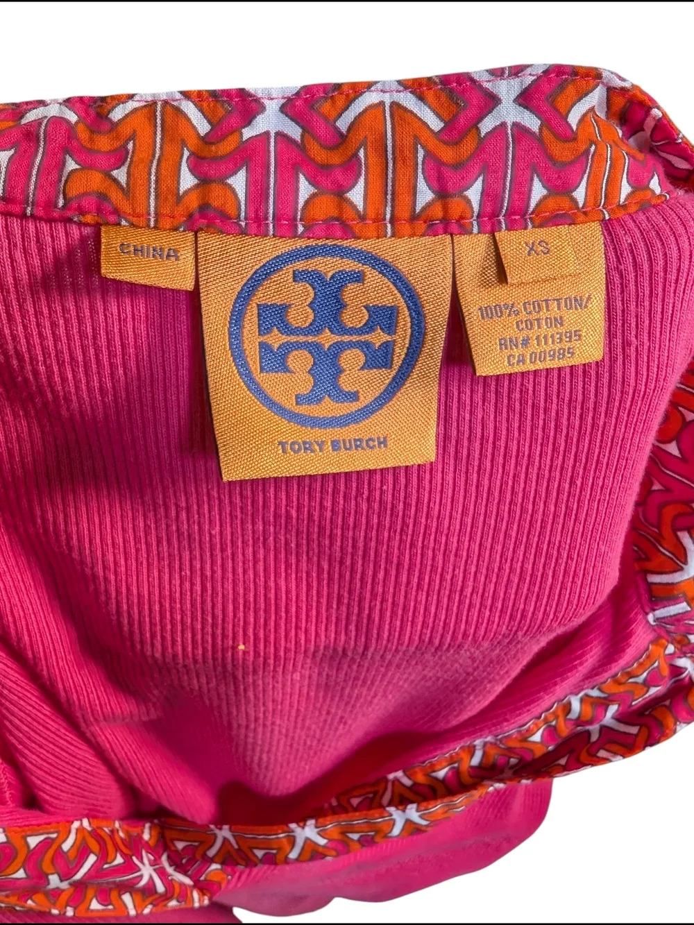TORY BURCH PINK RIBBED PRINT TRIM 3/4 SLEEVE TOP XS